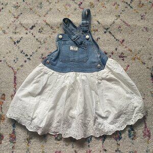 OshKosh Bgosh Jumper Dress Girls 5T White Blue Denim Eyelet Western Overall